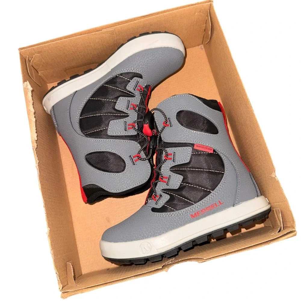 NEW Merrell Snow Bank 4.0 Big Kids 12M Snow Boot Grey Red Waterproof MK267145